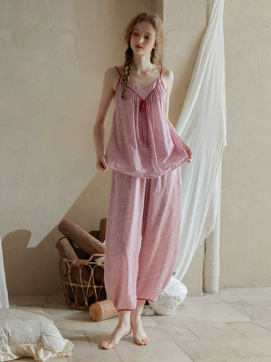 ビスコースボタニカル柄のロングパンツルームウェア