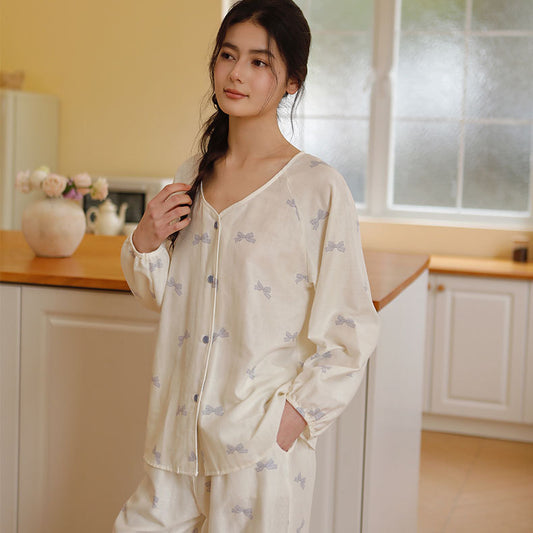 コットンダブルガーゼ青いリボン柄パジャマ