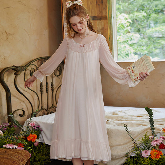 クラシックラウンドネック小さなリボンとフリルのネグリジェ