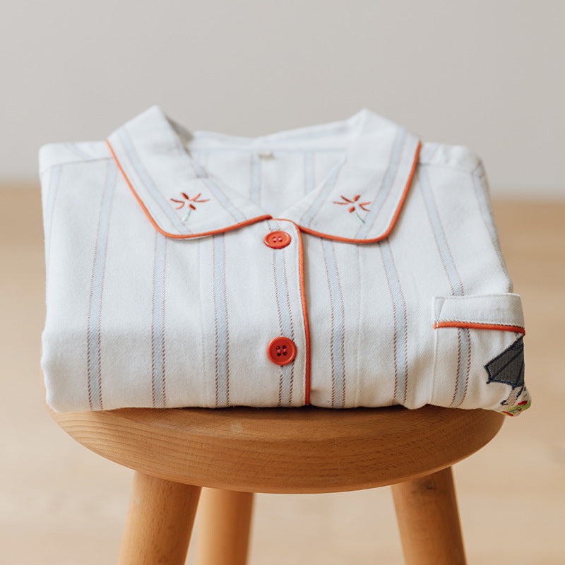 コットン起毛ストライプ傘刺繍パジャマ