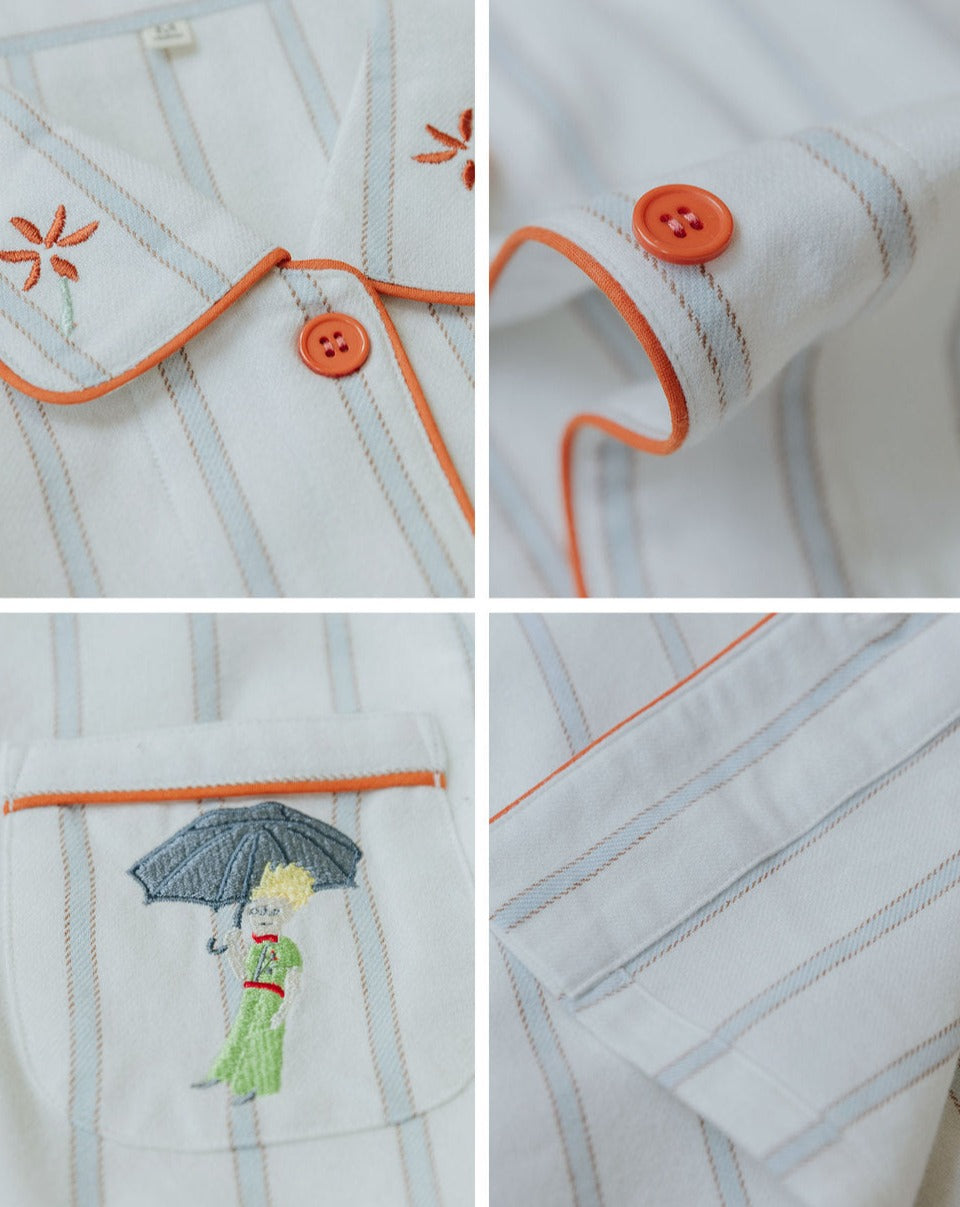 コットン起毛ストライプ傘刺繍パジャマ