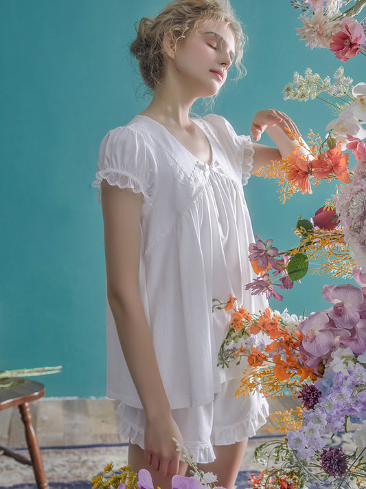 コットン リボンとフリルのクラシカルパジャマ