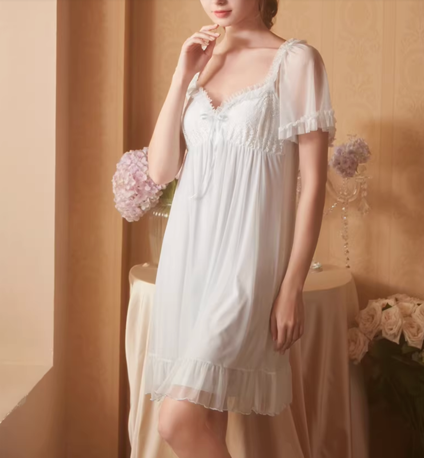 スウィートフリルレース胸パッド付きネグリジェ