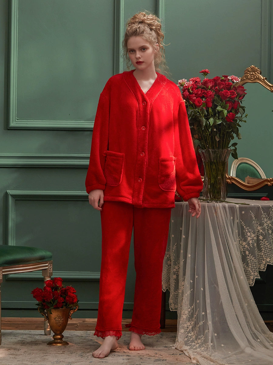 フリースレースポケットのふわふわルームウェア