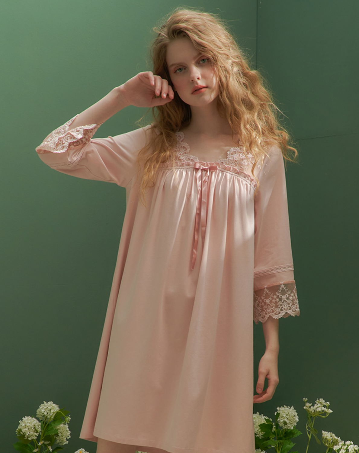 コットンスクエアネックフローラルレースのスウィートネグリジェ