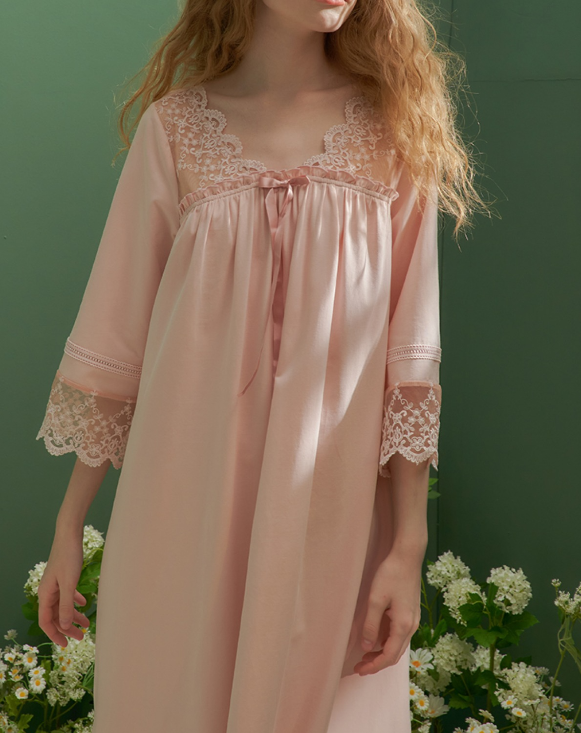 コットンスクエアネックフローラルレースのスウィートネグリジェ