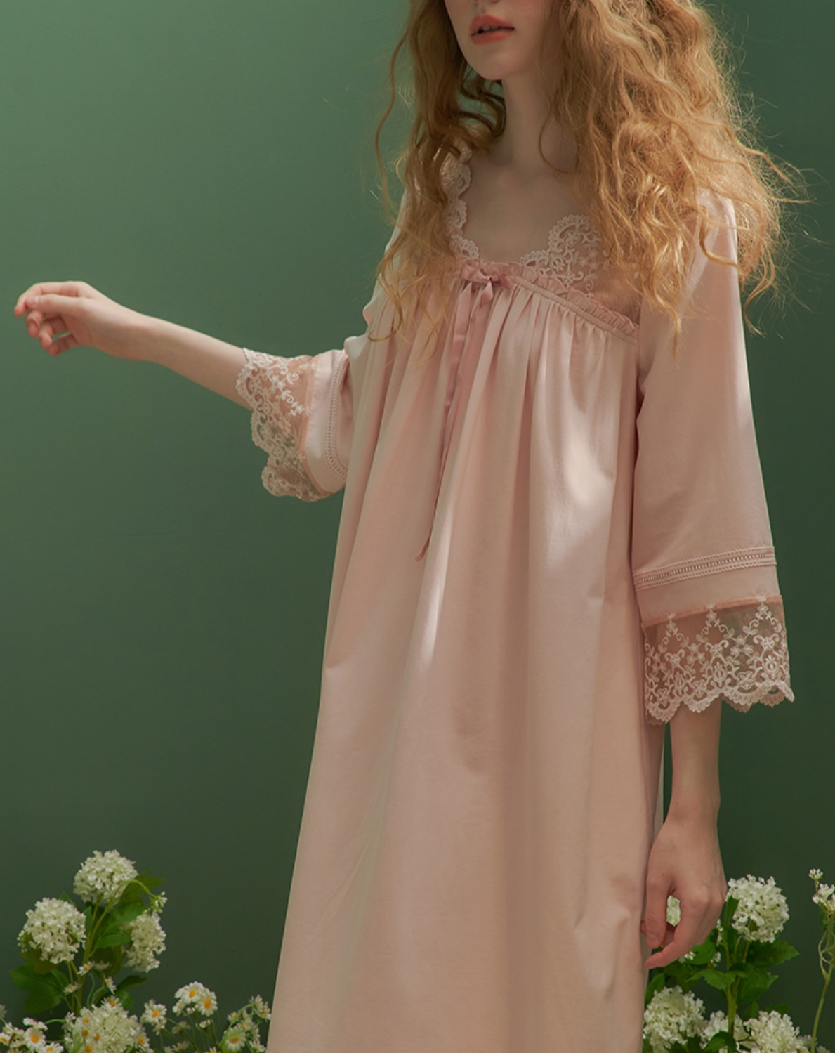 コットンスクエアネックフローラルレースのスウィートネグリジェ