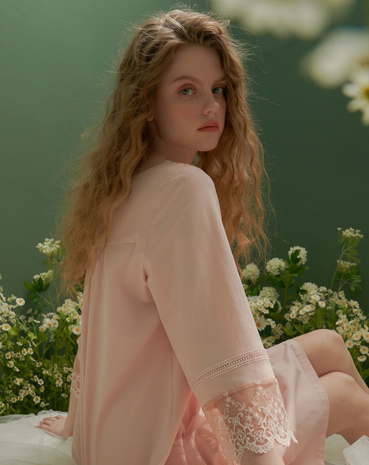 コットンスクエアネックフローラルレースのスウィートネグリジェ