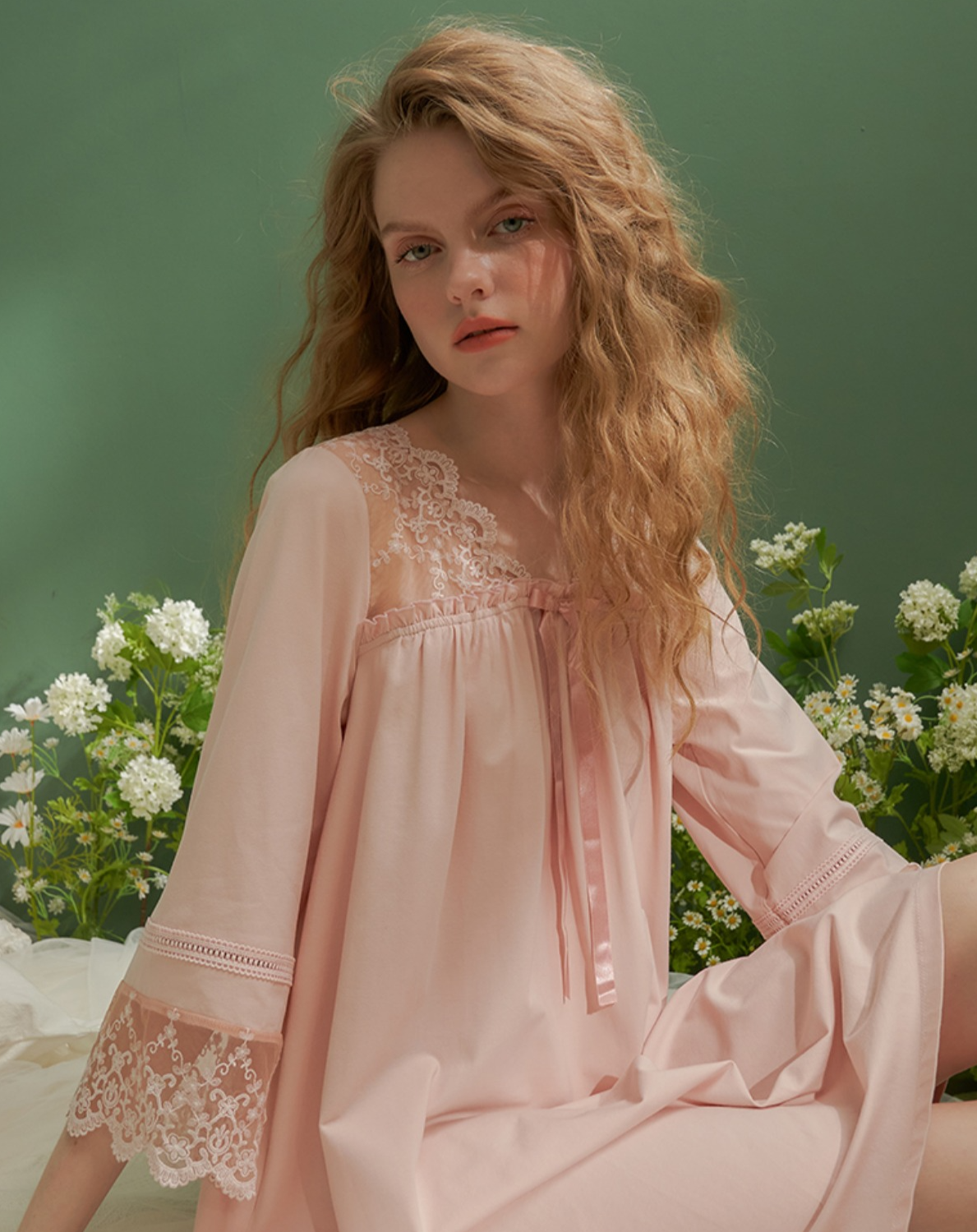 コットンスクエアネックフローラルレースのスウィートネグリジェ