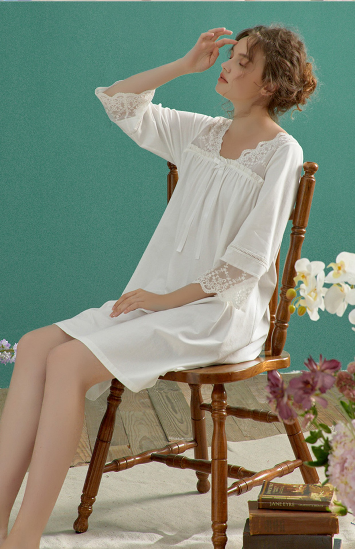 コットンスクエアネックフローラルレースのスウィートネグリジェ