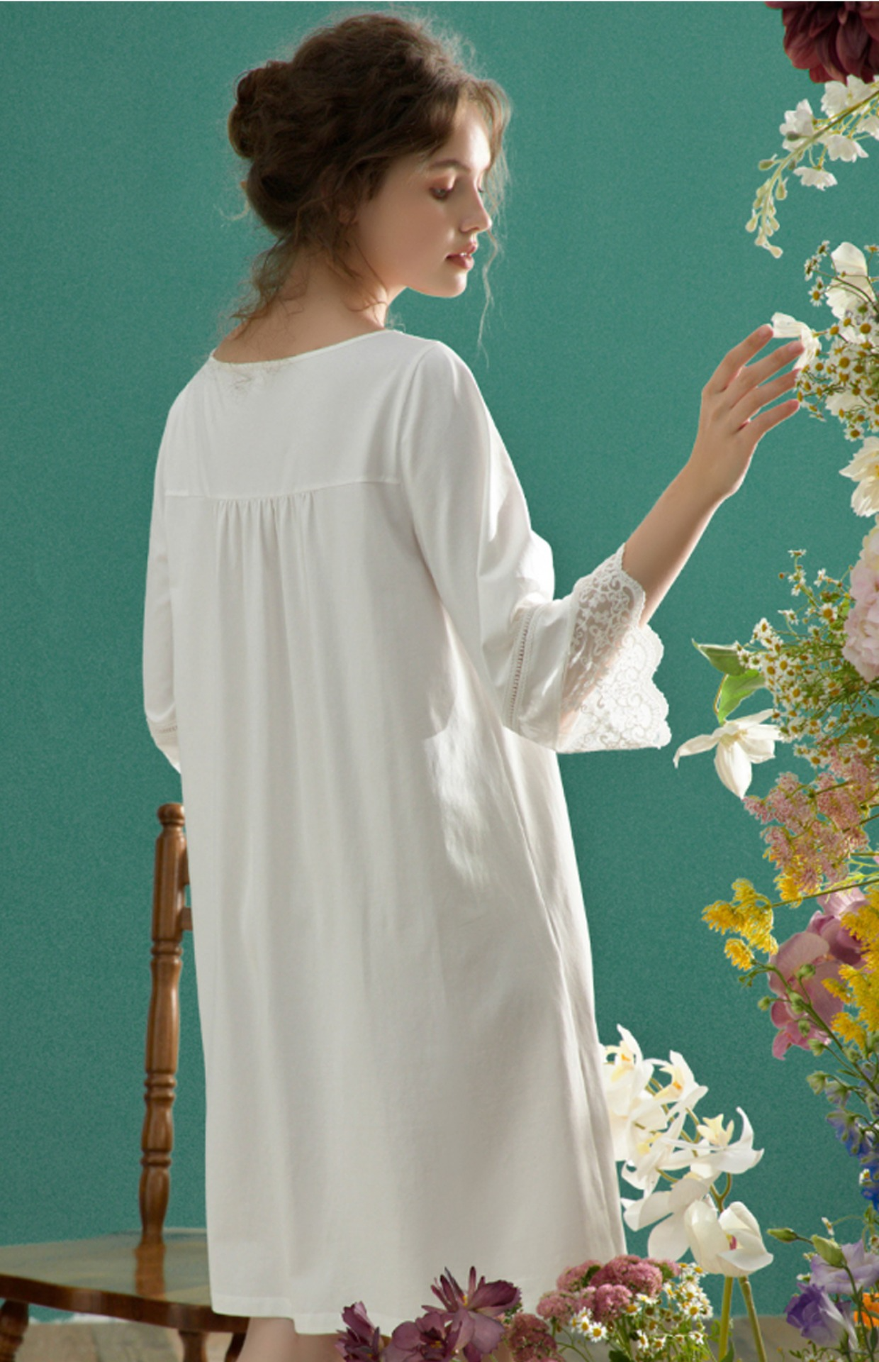 コットンスクエアネックフローラルレースのスウィートネグリジェ