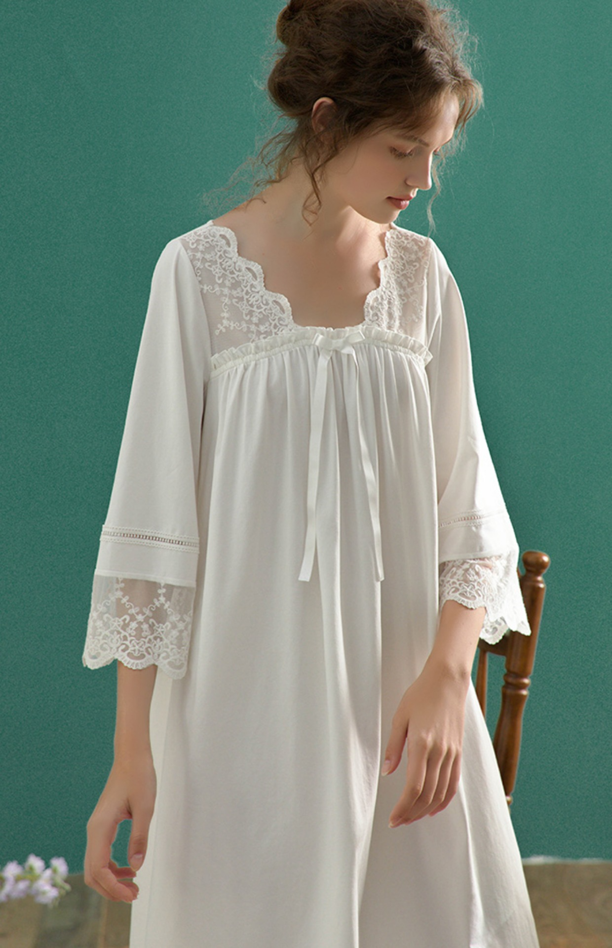 コットンスクエアネックフローラルレースのスウィートネグリジェ