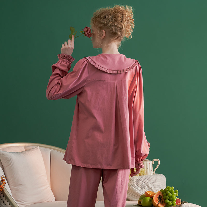 コットンフレンチスタイルフラワー襟のパジャマ